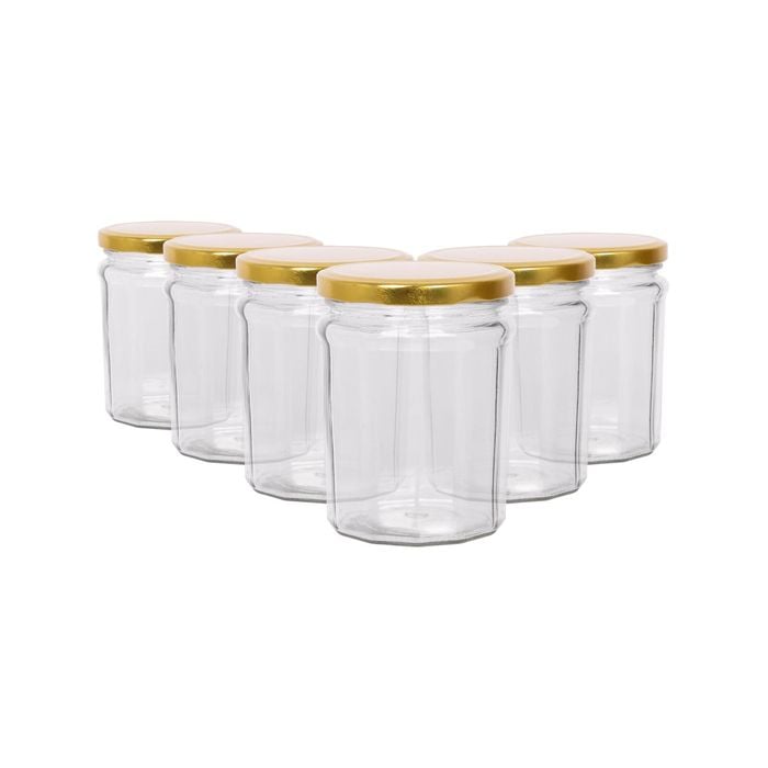 Argon Tableware 380ml Glass Jam Jars With Airtight Gold Lids - Set Of 6 Empty Screw Top Kitchen Storage Preserving Jar