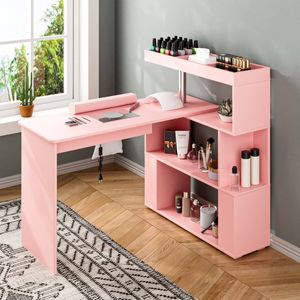 Ufurniture Nail Desk Manicure Table w/Dust Collector, Rotatable Reversible L-Shaped/Line-Shaped Pink
