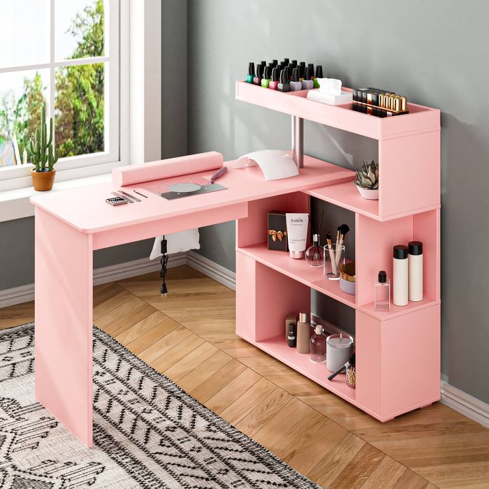 Ufurniture Nail Desk Manicure Table w/Dust Collector, Rotatable Reversible L-Shaped/Line-Shaped Pink