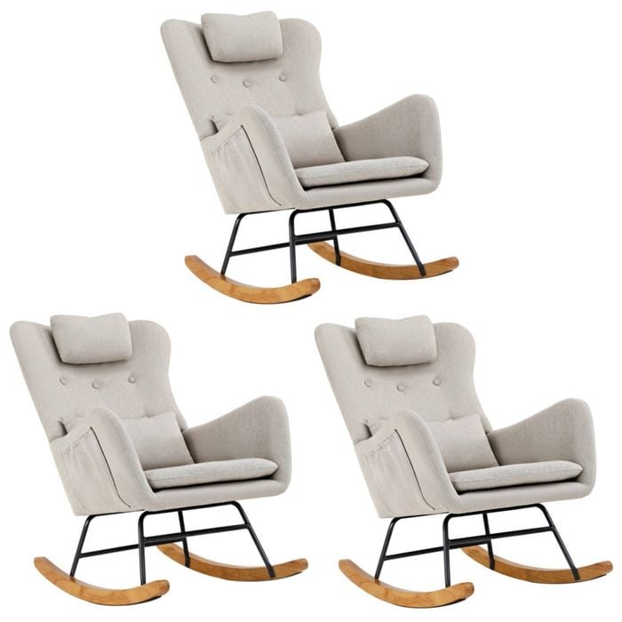 Oikiture 3x Rocking Chair Nursing Armchair Linen With 2 Pillow Beige