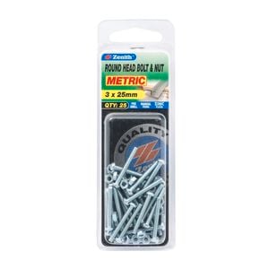 Zenith 3 x 25mm Zinc Plated Round Head Bolt And Nut - 25 Pack