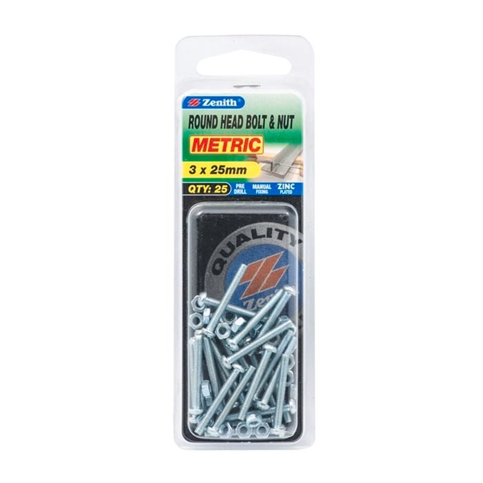 Zenith 3 x 25mm Zinc Plated Round Head Bolt And Nut - 25 Pack