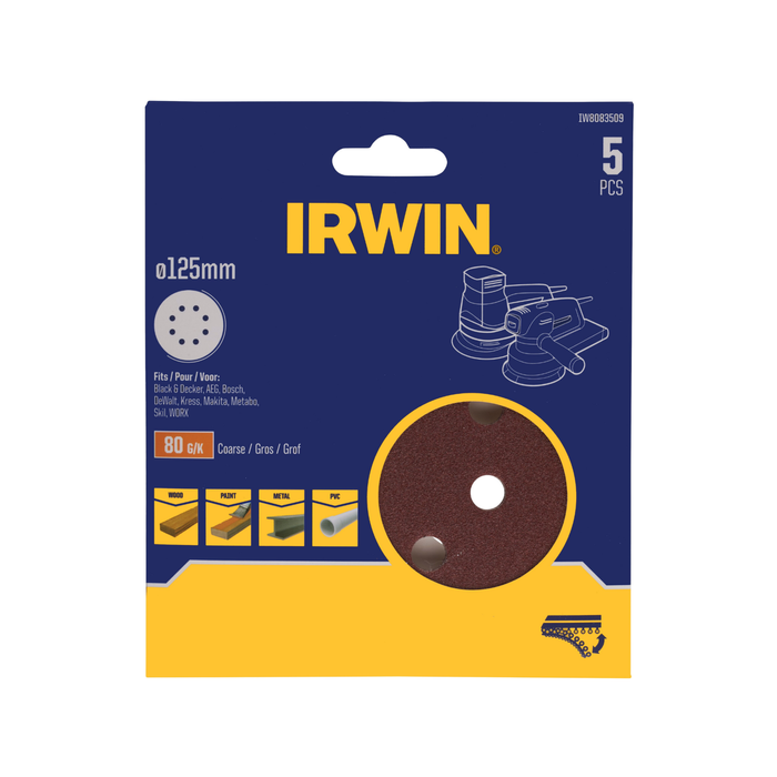 IRWIN 125mm 80 Grit 8 Holes Quick Fit Random Orbital Sanding Discs - 5 Pack