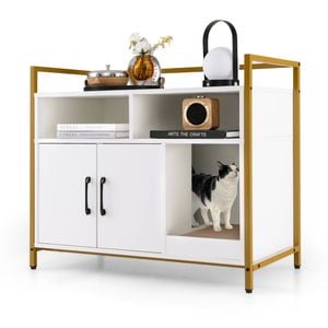 Costway Wooden Sideboard Storage Cabinet Cat Litter Box Enclosure Living Room w/Scratching Board&2 Doors White