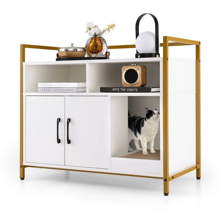 Costway Wooden Sideboard Storage Cabinet Cat Litter Box Enclosure Living Room w/Scratching Board&2 Doors White