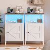 Ufurniture 2 Pcs Farmhouse Nightstand with Charging Station, RGB LED Light Bedside Table for Small Spaces, Brown+White
