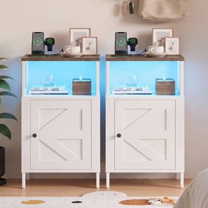 Ufurniture 2 Pcs Farmhouse Nightstand with Charging Station, RGB LED Light Bedside Table for Small Spaces, Brown+White