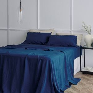 Bedding Co. Sheet Set 100% French Flax Linen Soft Navy Blue Queen
