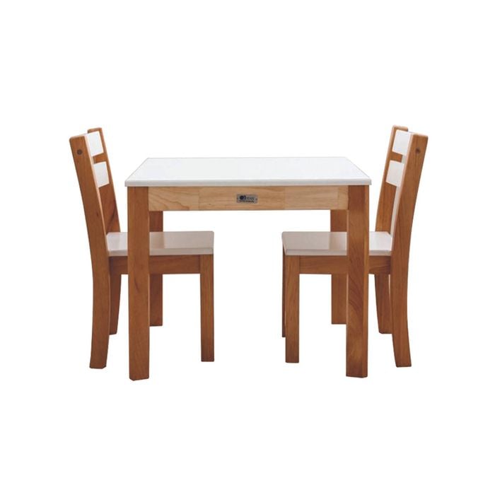 White Top Timber Table with 2 Matching stacking Chairs
