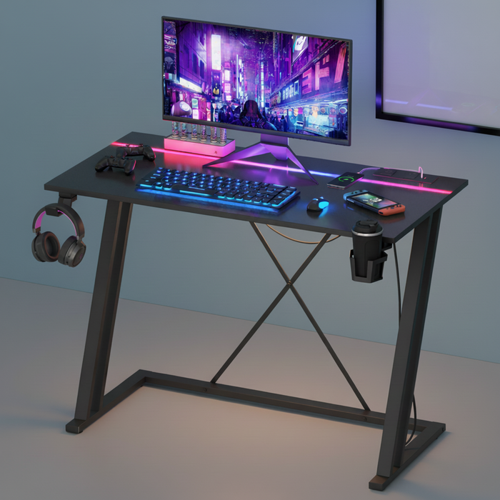 Ufurniture 100cm LED Gaming Desk Z-shaped Carbon Fiber Computer Desk with Charging Station Small Office Desk Black