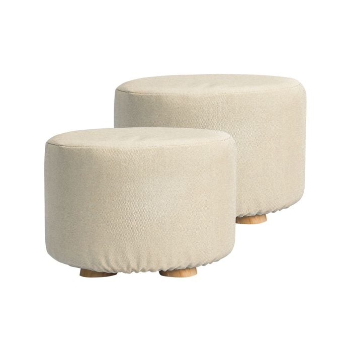 La Bella 2 Set Beige Fabric Ottoman Round Wooden Leg Foot Stool