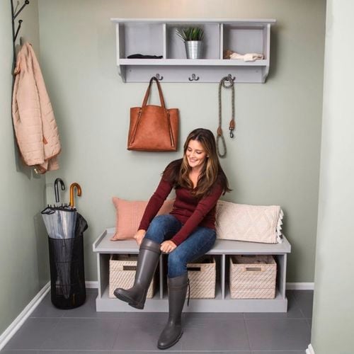 Upgrade
  your space with a wooden storage bench - Chalked Ultra Matt Paint Aged Grey.