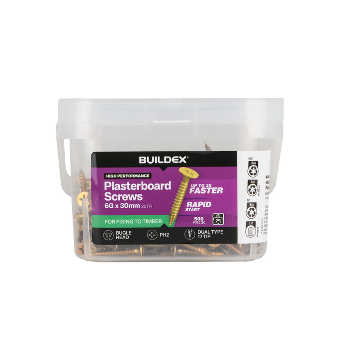 Buildex 6G x 30mm Gold Passivated Plasterboard Screws (Dual Type-17 Tip) - 500 Pack