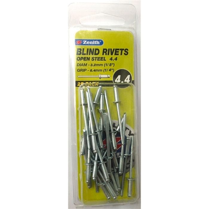 Zenith Blind Rivet Open Steel 1/8"D x 1/4"G  25pk