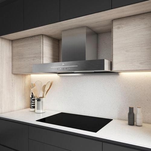 Modern sleek kitchen with stainless steel rangehood and electric cooktop