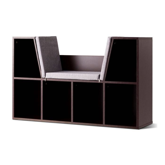 Costway Kids Bookcase Toy Storage Cabinet Upholstered Reading Seat Brown