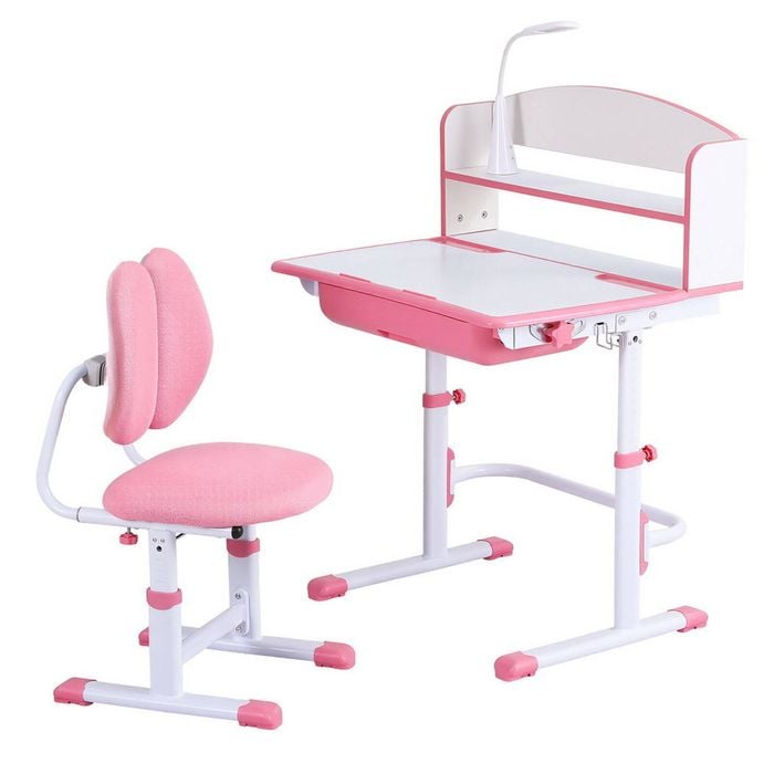 Keezi Kids Study Desk Chair Set Adjustable LED Lamp Pink