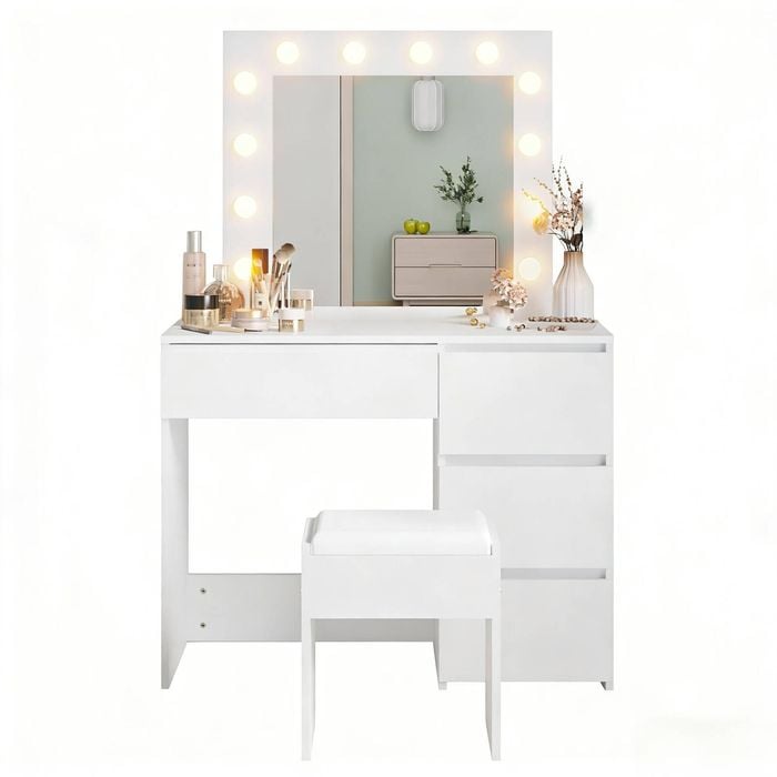 Advwin Dressing Table Stool Set with 12 LED Adjustable Bulbs 3 Drawers White