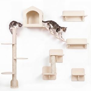 Advwin 5-in-1 Cat Wall Shelves Wooden Climbing Wall with Scratching Post