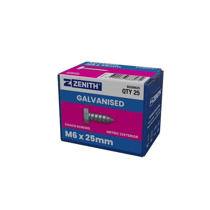 ZENITH M6 x 25mm Hot Dip Galvanised Hex Head Coach Screws - 25 Pack