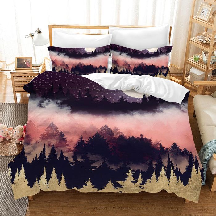 3D Red Black Golden Forest Moon Star Quilt Cover Set Bedding Set Pillowcases 104