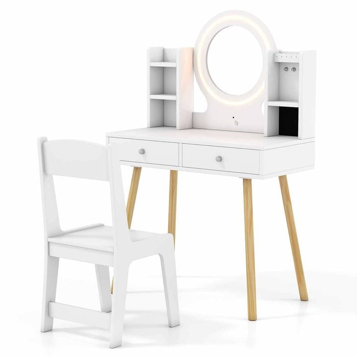 Costway Kid Vanity Desk Set LED Light Mirror Earring Ring Slot Hook