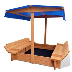 Keezi 120cm Wooden Sandpit With Canopy & Foldable Seats