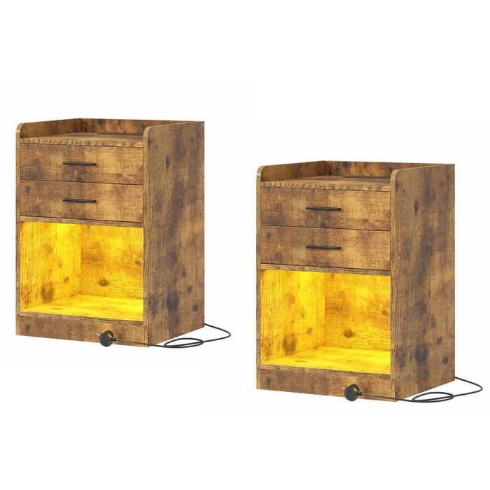 2xsmall Nightstand With Charging Station Led Bedside Table With 2 Drawers & Shelf Walnut