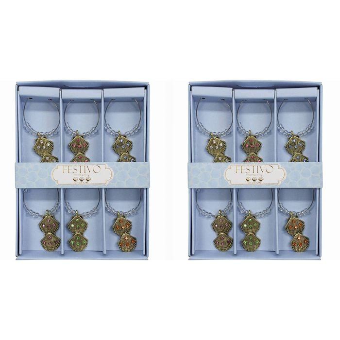 2x LVD 6pc Metal 13cm Wine Charms Double Shell Bottle Tag/Marker Set