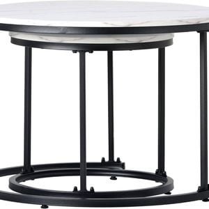 P&P White And Gray Set Of 2 Round Nesting Coffee Tables With Marble Tops And Black Circular Bases