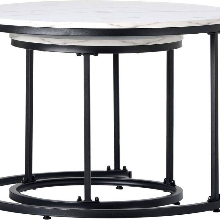 P&P White And Gray Set Of 2 Round Nesting Coffee Tables With Marble Tops And Black Circular Bases