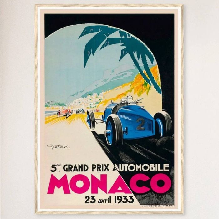 Galrie Monaco Grand Prix 1933 Vintage Racing Poster - Perfect for Home Decor, Wood Frame, A1 60 x 84cm (23 x 33inch)