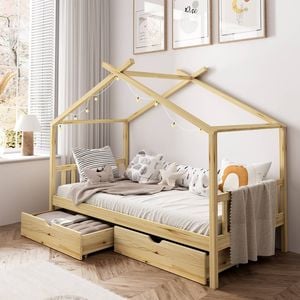 Oikiture Kids House Beds with Drawer Storage(Wooden)