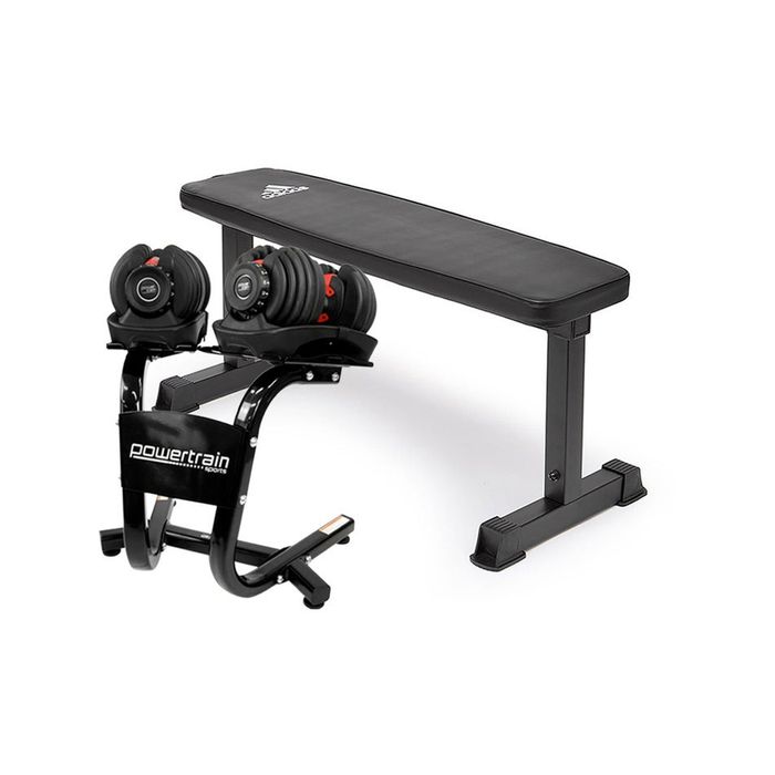 2x Powertrain 24kg Adjustable Dumbbells w/Stand and 10437 Adidas Bench