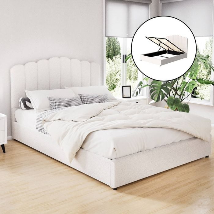 Artiss Boucle Bed Frame Queen Gas Lift Storage