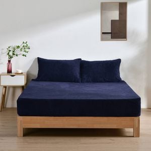 Dreamaker Jasper Teddy Fleece Combo Fitted Sheet Set Midnight Blue Double