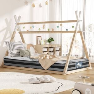 Oikiture King Single House Bed Frame with Mattress Teepee Timber