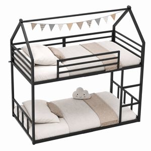 Advwin Metal House Bunk Bed Single Over Single with Ladder, Black