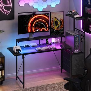 Advwin 159cm Gaming Desk with LED Lights & Outlets Reversible Computer Desk with Fabric Drawers