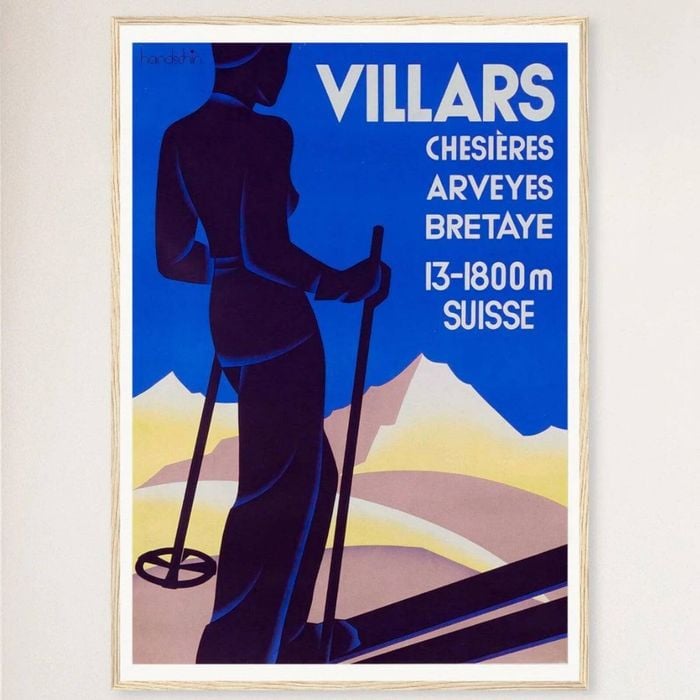 Galrie Vintage Skiing in Villars Switzerland Art Deco Poster for Home Decor, Wood Frame, 50 x 70cm (20 x 28inch)