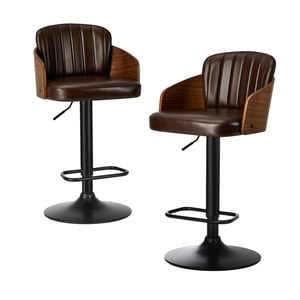 Oikiture 2x Bar Stools Adjustable Counter Height Stool Swivel Leather Brown