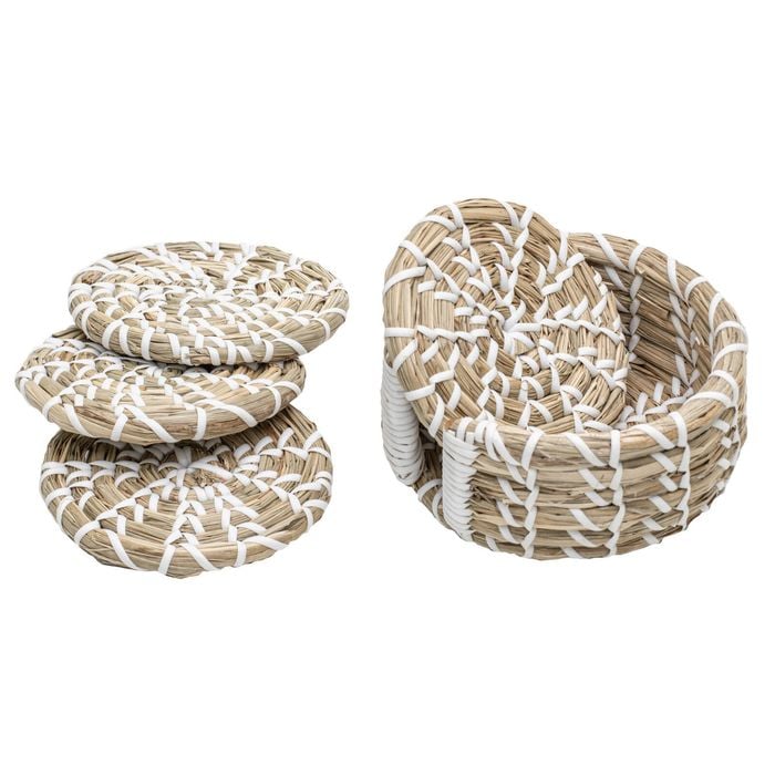 5pc Ladelle Seagrass Woven Drink/Beverage Coasters White w/ Holder 13x13x6cm