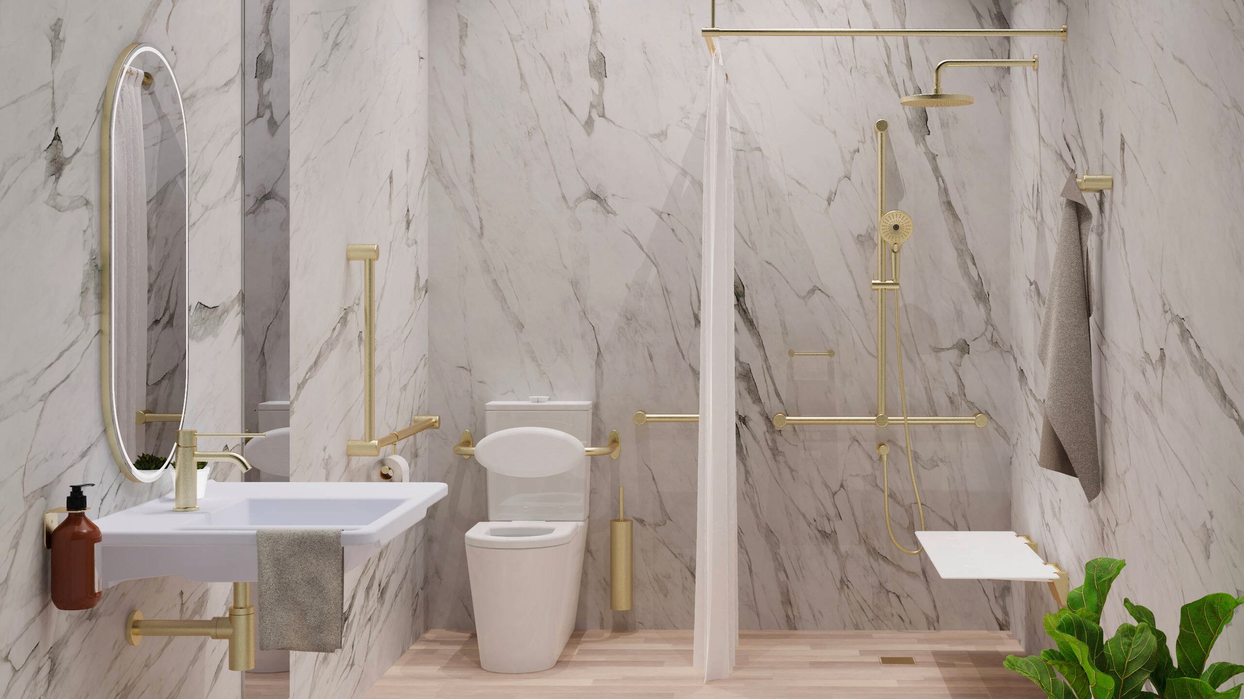 Bathroom with marble style wall, gold bathroom accessories, white toilet, a plant and a white basin in it.