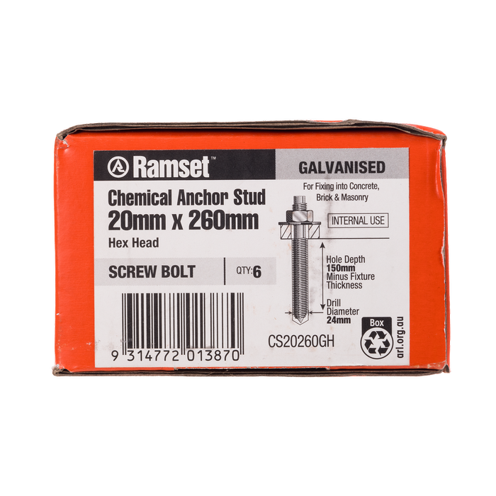 Ramset M20 x 260mm ChemSet Anchor Stud - 6 Pack
