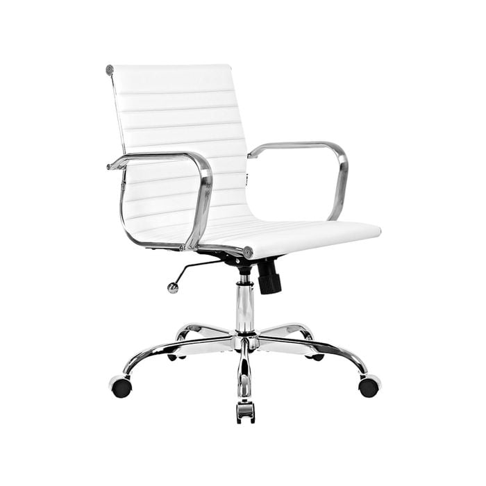 Furb Office Chair Executive Slim Mid Back Silver Frame White Pu Leather