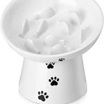 Cat Slow Feeder, 15cm Cat Food Bowl Elevated Dog Slow Feeder Bowl Ceramic Cat Bowl Anti Vomiting for Dry and Wet Food, White