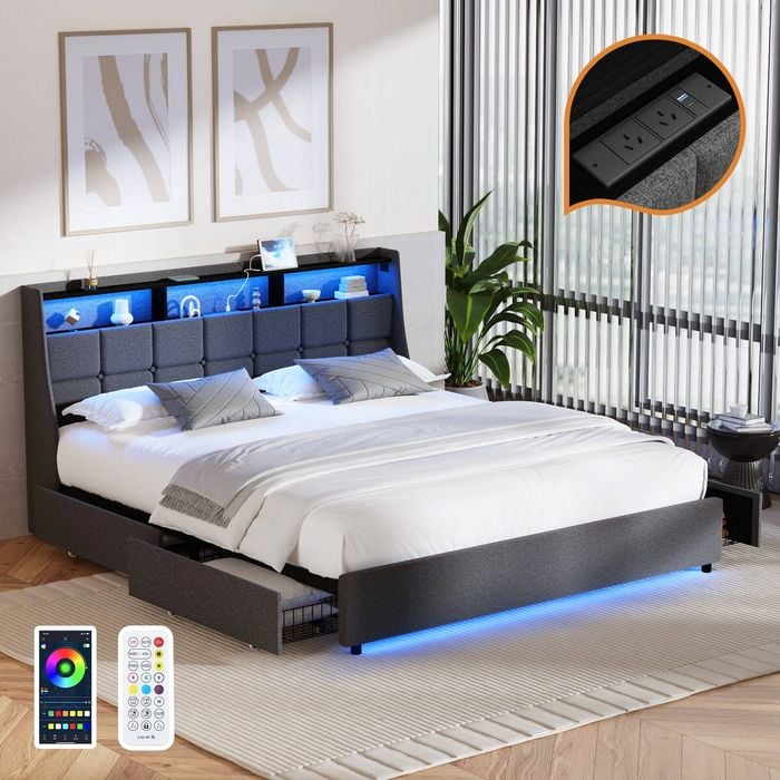 Oikiture Bed Frame King Size with Storage Drawers & Charging Station LED Light Headboard