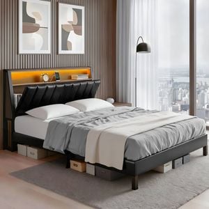 Artiss Double Bed Frame LED Storage Headboard with Charging Station Black
