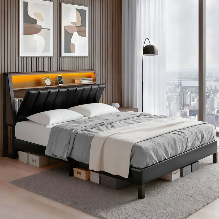 Artiss Double Bed Frame LED Storage Headboard with Charging Station Black