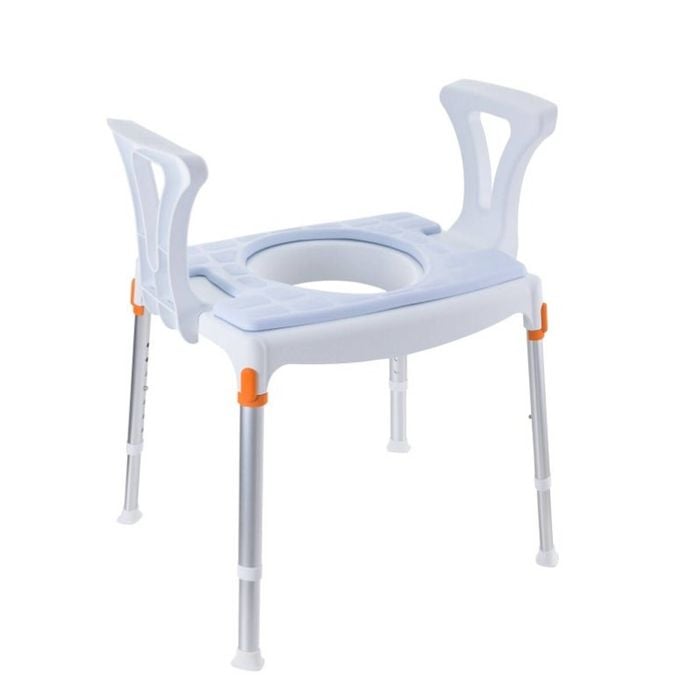 King Over Toilet Aid with Armrests, White with Blue Cushions
